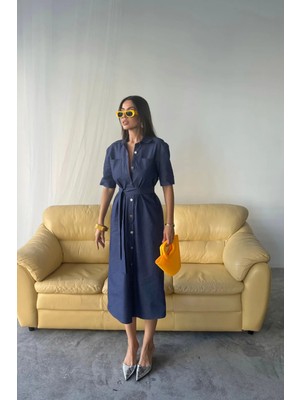 Hiccup Kadın Janes Kemerli Kot Midi Elbise, Gömlek Yakalı Maya Mavisi