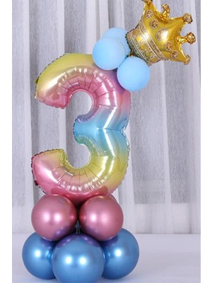 Feyza Design Pembe Renkli Rakam Balon Seti Altın Taçlı 3 Rakamli