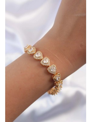 Alvo Store Buğz Pirinç Vip Seri Gold Renk Zirkon Taşlı Kalp Model Bileklik - Buğz