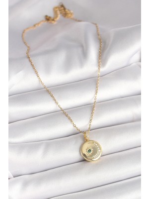 Alvo Store Buğz 316L Çelik Gold Renk Zincir Zirkon Taş Işlemeli Hilal Yıldız Işlemeli Madalyon Model Kadın Kolye - Buğz