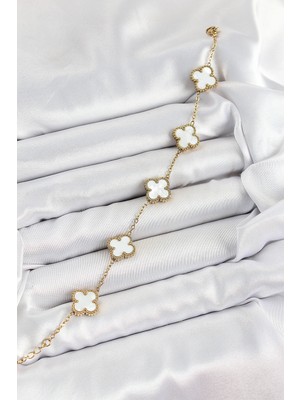 Alvo Store Buğz 316L Çelik Beyaz Sedef Yonca Model Gold Renk Kadın Bileklik - Buğz