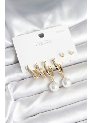 EkoAlışverişDünyam Pirinç Gold Renk Inci Detaylı 925 Ayar Gümüş Çivili Kadın Küpe Seti - TJ-BKP11259