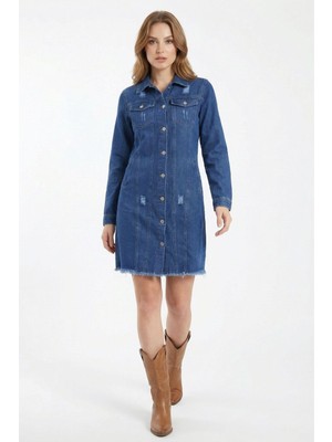 Rays Mavi Püsküllü Uzun Kot Ceket 2519