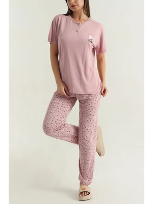 Glisa Kadın Viskon Kumaş Kısa Kollu Çiçek Desenli Düğmeli Pijama Takımı