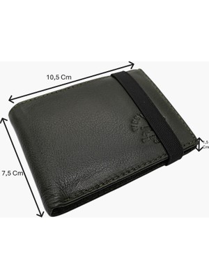 Westpolo Hakiki Deri Kağıt Para ve Bol Şeffaf Kart Bölmeli Lastikli Unisex Kartlık - Haki
