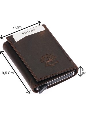 Westpolo Safari Unisex Bol Kartlık Bölmeli Crazy Eskitme Hakiki Deri Mekanizmalı Cüzdan - Koyu Kahve
