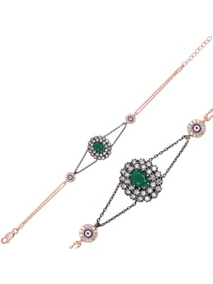 Gümüş Rose Mat Yeşil Taşlı Otantik Bileklik