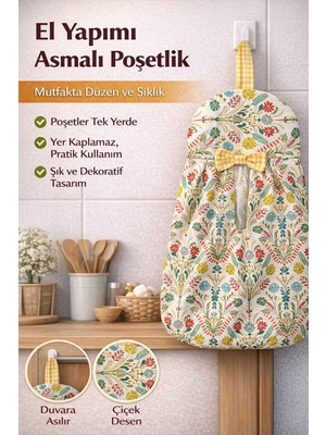 SAVEK El Yapımı Poşetlik Asılabilir Duck Kumaş Mutfak Poşet Düzenleyici Yeşil Çiçekli Model