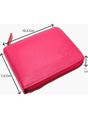 Westpolo Hakiki Deri Unisex Fermuarlı Cüzdan Kartlık - Fuşya