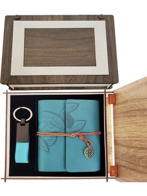 Özel Ahşap Kutulu Mavi Deri Defter ve Anahtarlık Set