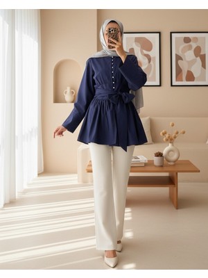 Modamorfo Beli Bağcıklı Boydan Taş Düğmeli Tunik -Laci