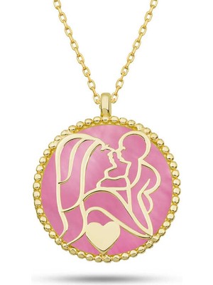 Gümüş Gold Pembe Sedef Taşlı Anne Çocuk Sevgisi Kolye