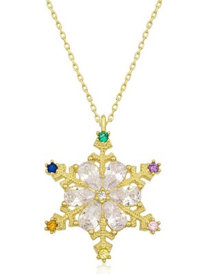 925 Ayar Gümüş Gold Renkli Taşlı Kar Tanesi Kadın Gümüş Kolye