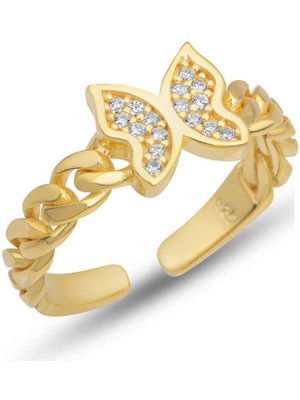 Gümüş Ayarlanabilir Gold Kelebek Kadın Yüzük