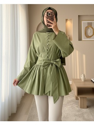 Moda Morfo Beli Bağcıklı Boydan Taş Düğmeli Tunik -Çağla Y.