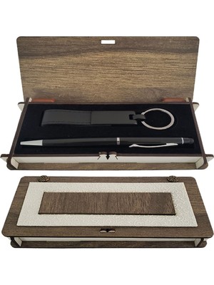 Ahşap Kutulu Siyah Kalem ve Anahtarlık Set