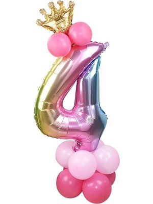 Feyza Design 4 Yaş Gökkuşağı Renkleri Rakam Balon ve Altın Taçlı 4 Rakamlı Balon