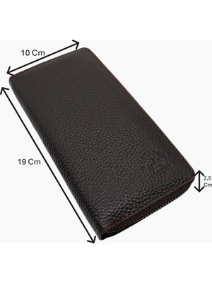 Westpolo Hakiki Deri Fermuarlı Telefon ve Bol Kart Bölmeli, El Bantlı Unisex Portföy Cüzdan - Kahve