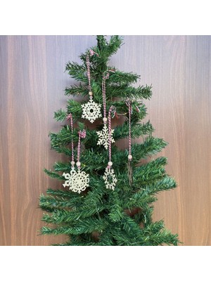 Özgün Adım® Pilli Peri Ledli 6 Parça Kırmızı Beyaz Ipli Kar Tanesi Model Ahşap Yılbaşı Ağaç Süsü