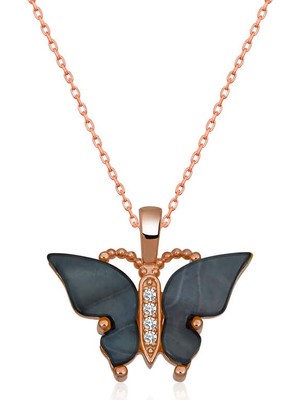 Gümüş Rose Antrasit Kaplangözü Taşlı Kelebek Kolye