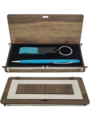 Mavi Kalem ve Anahtarlık Ahşap Kutulu Set