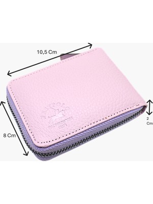 Westpolo Hakiki Deri Kağıt Para ve Bol Şeffaf Kart Bölmeli, Fermuarlı Unisex Kartlık - Açık Lavanta