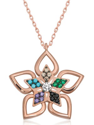 ​925 Ayar Gümüş Renkli Taşlı Çiçek Kadın Gümüş Kolye