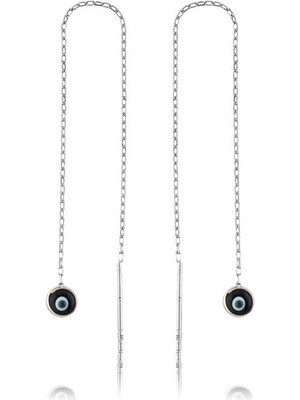 925 Ayar Gümüş Zincirli Lacivert Nazar Küpe