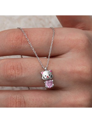 Gümüş Pembe Taşlı Sevimli Kedi Kadın Kolye