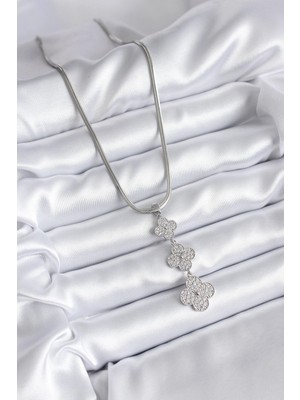 TE Dükkan Buğz 316L Çelik Gümüş Renk Italyan Zincir Zirkon Taşı Yonca Model Kadın Kolye - Buğz
