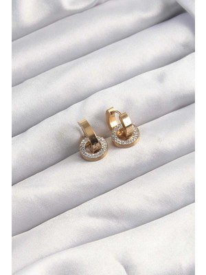 TE Dükkan Buğz 316L Çelik Altın Renk Zirkon Taşlı Halka Model Küpe - Buğz