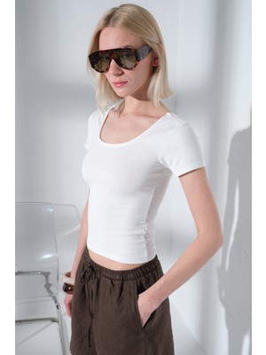 Maule Çift Taraflı U Yaka Soft Touch Premium Örme Kısa Kollu Kadın Bluz @romagna