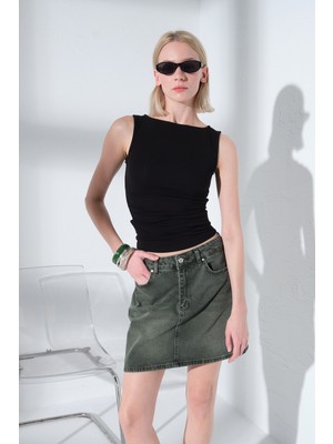 Maule Kayık Yaka Bel Büzgülü Soft Touch Premium Örme Sıfır Kol Kadın Bluz @puglia