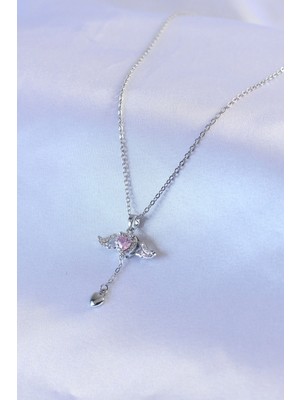 TE Dükkan Buğz 316L Çelik Gümüş Renk Kanatlı Kalp Figür Zirkon Taş Detay Kadın Kolye - Buğz