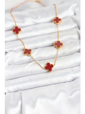 TE Dükkan Buğz 316L Çelik Gold Renk Zincir Bordo Yonca Kadın Kolye - Buğz