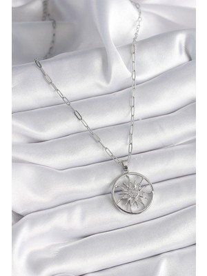 TE Dükkan Buğz 316L Çelik Gümüş Renk Zirkon Taşlı Güneş Madalyon Model Kadın Kolye - Buğz