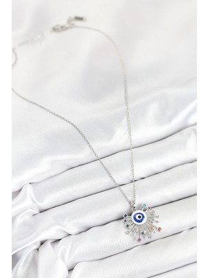 TE Dükkan Buğz 316L Çelik Zirkon Taşlı Nazar Model Gümüş Renk Kadın Kolye - Buğz