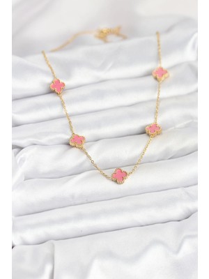 TE Dükkan Buğz 316L Çelik Zincir Gold Renk Pembe Baby Boy Yonca Kadın Kolye - Buğz
