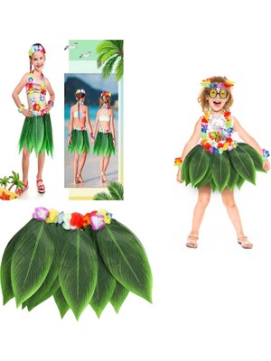 EkoAlışverişDünyam Tropikal Esintili Hawaii Yapraklı Parti Eteği Çocuk Boy