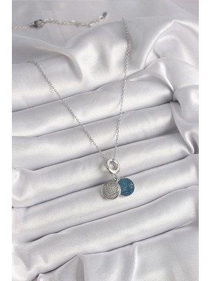 TE Dükkan Buğz 316L Çelik Gümüş Renk Zincir Zirkon Taşlı Işleme Mavi Simli Kadın Kolye - Buğz