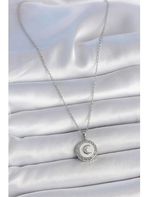 TE Dükkan Buğz 316L Çelik Gümüş Renk Zincir Beyaz Mineli Hilal Işlemeli Madalyon Model Kadın Kolye - Buğz