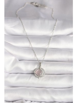 TE Dükkan Buğz 316L Çelik Gümüş Renk Zirkon Taşlı Pembe Sedefli Hilal Model Kadın Kolye - Buğz