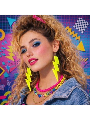 EkoAlışverişDünyam 80 Ler 90 Lar Retro Neon Sarı Şimşek Küpe 10 cm