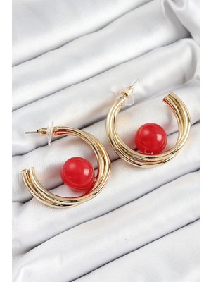 Alvo Store Buğz Pirinç Gold Renk Halka Model Kırmızı Boncuk Detay Kadın Küpe - Buğz