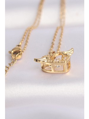 Alvo Store Buğz 316L Çelik Zincir Altın Renk Zirkon Taşlı Kanatlı Kalp Kolye - Buğz