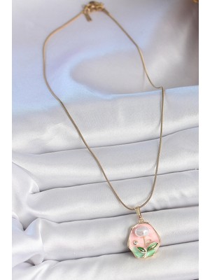Alvo Store Buğz 316L Çelik Gold Renk Zincir Pembe Çiçek Işlemeli Inci Detay Portre Model Kadın Kolye - Buğz