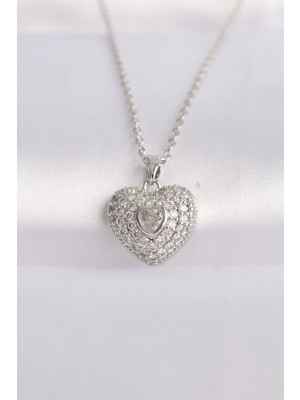 EkoAlışverişDünyam 316L Çelik Zincir Gümüş Renk Zirkon Taşlı Kalp Kolye - TJ-BKO8623
