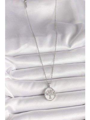 Alvo Store Buğz 316L Çelik Gümüş Renk Zincir Zirkon Taş Işlemeli Beyaz Mineli Ağaç Işlemeli Portre Model Kadın Kolye - Buğz