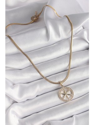 Alvo Store Buğz 316L Çelik Gold Renk Italyan Zincir Zirkon Taşlı Kutup Yıldız Model Kadın Kolye - Buğz