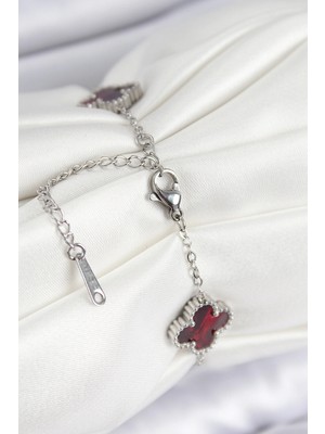 Alvo Store Buğz 316L Çelik Sedefli Kırmızı Gümüş Renk Yonca Kadın Bileklik - Buğz